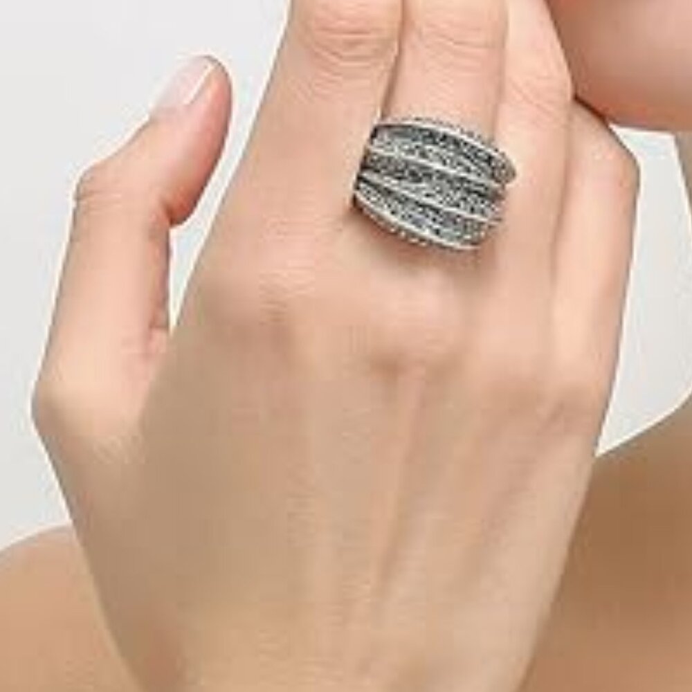 Aprilery Black Marcasite Elegant Ring, Size - 9